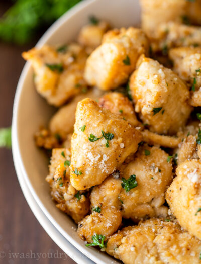 Bowl full of garlic chicken bites