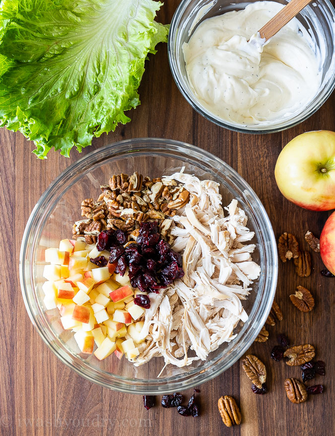 Chicken salad ingredients in bowl