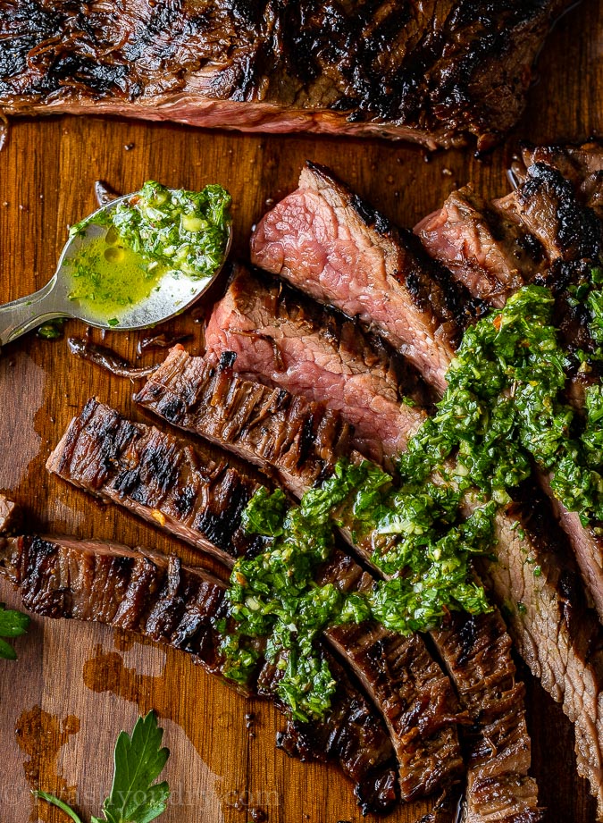 Skirt Steak with green chimichurri sauce on top