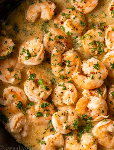 A close up of food, with Shrimp Scampi