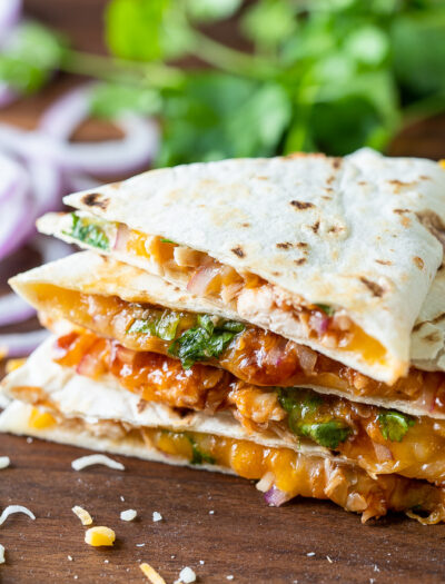 BBQ Chicken Quesadilla cut into wedges.