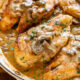 Real Italian Chicken Marsala in a pan with mushroom gravy.