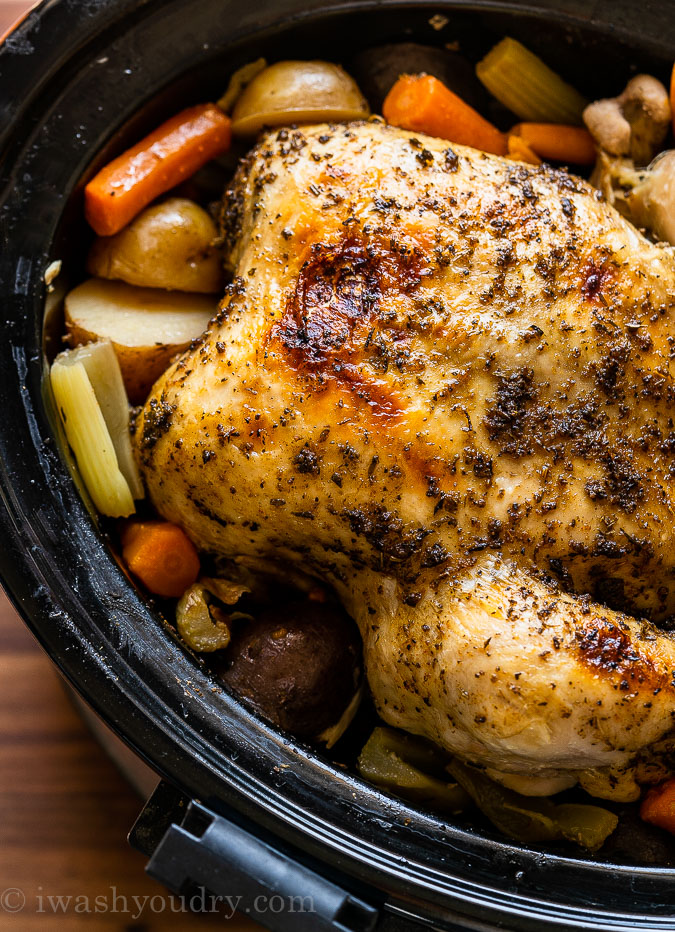 Juicy rotisserie style chicken made in the slow cooker!