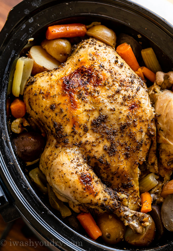 Crockpot Whole Chicken Recipe with vegetables and potatoes!