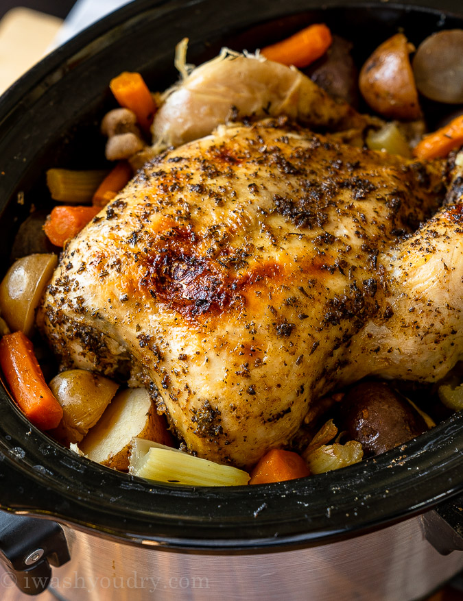 Juicy rotisserie style whole chicken made in the slow cooker