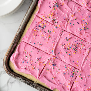 Cut Sugar Cookies in a baking pan.