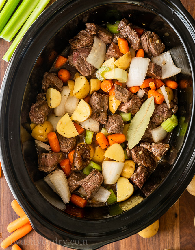 Ingredients for stew in a slow cooker