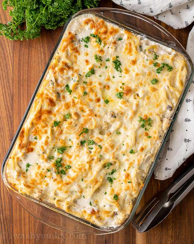 casserole dish with creamy chicken tetrazzini recipe