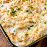 bubbly chicken tetrazzini in casserole dish