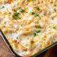 bubbly chicken tetrazzini in casserole dish