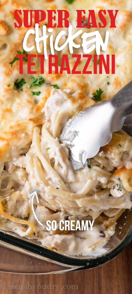 creamy chicken tetrazzini recipe in casserole dish