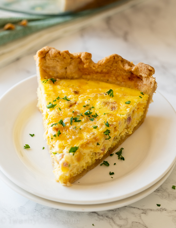 slice of quiche on white plate