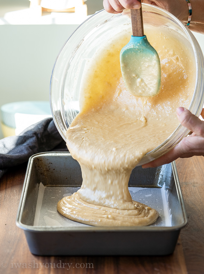 Pour cake batter into prepared baking dish