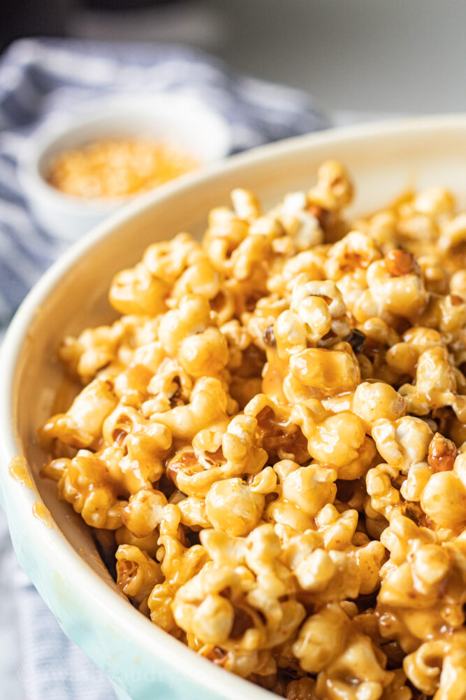 bowl of hot caramel popcorn 