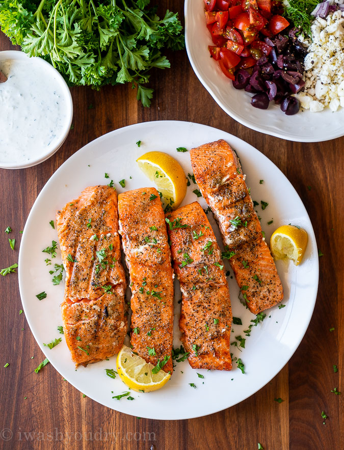 grilled salmon on plate with lemon