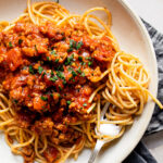 Homemade Spaghetti Sauce on plate of noodles with fork