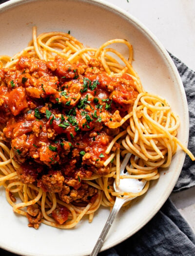 Homemade Spaghetti Sauce on plate of noodles with fork