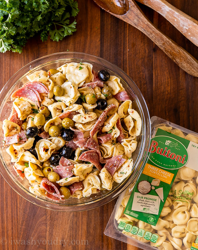 pasta salad in bowl with tortellini