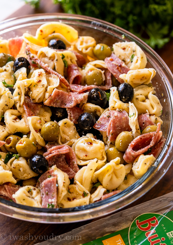 Olive Tortellini Pasta Salad recipe in bowl