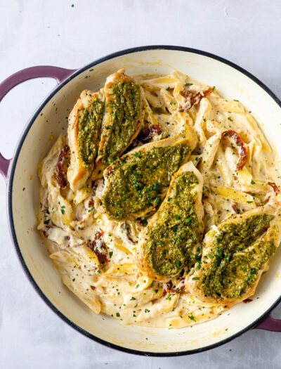 basil pesto chicken with creamy alfredo penne