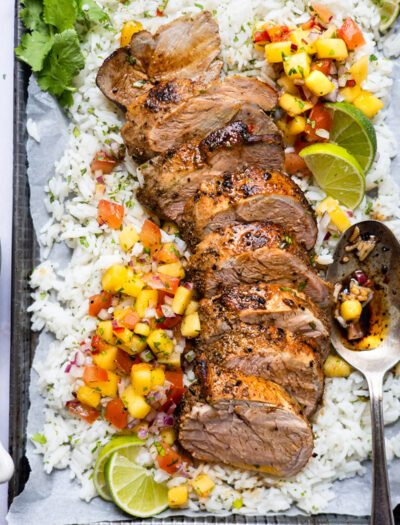 Smoky Pork Tenderloin with rice and mango salsa