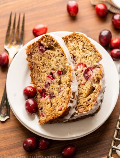 slices of banana bread on plate with icing