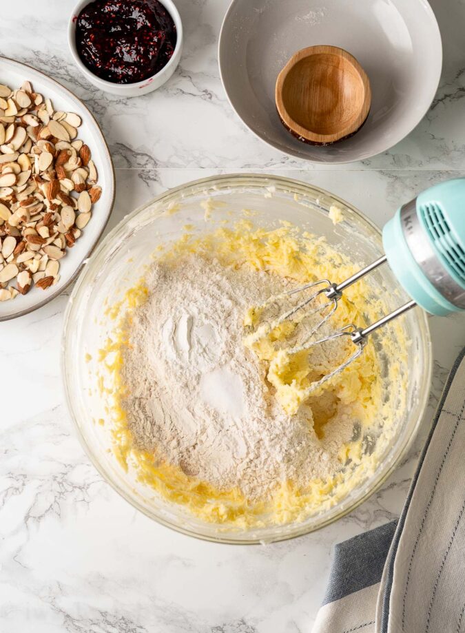 cookie dough in bowl with flour