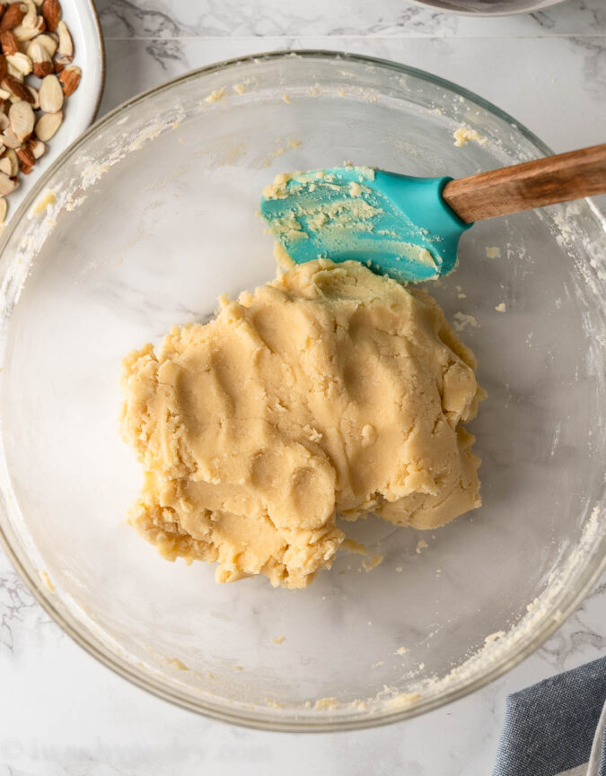 cookie dough in bowl with spatula