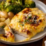 Plate of chicken with potatoes and broccoli