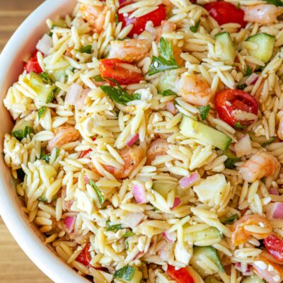 Shrimp Orzo Pasta in white bowl.