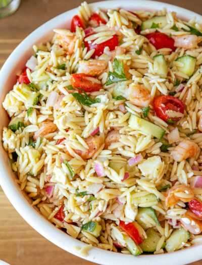 Shrimp Orzo Pasta in white bowl.