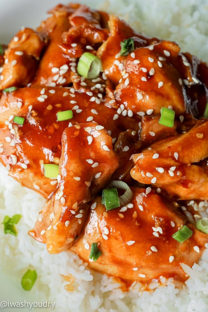 plate of chicken thighs over white rice with green onions.