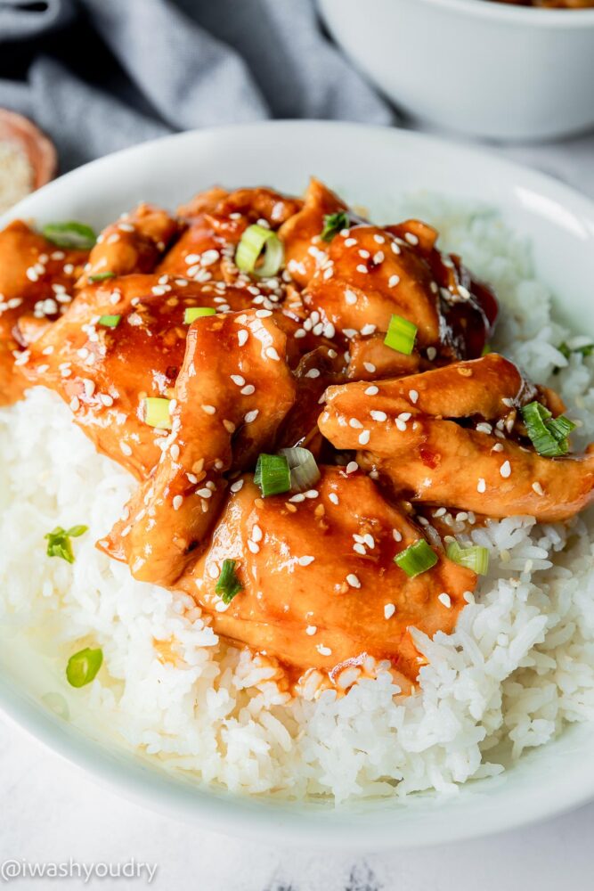 plate of chicken thighs with honey garlic sauce and sesame seeds.