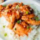 plate of chicken thighs with honey garlic sauce and sesame seeds.