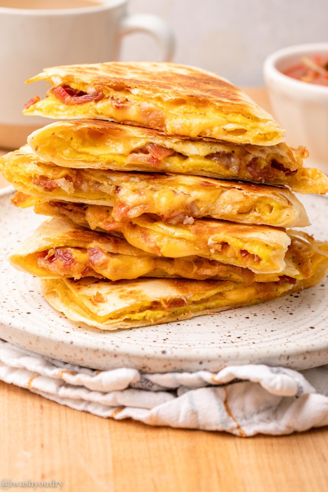 Stack of cooked breakfast quesadillas. 