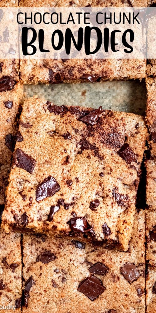 chocolate chip blondie in pan with extra chocolate