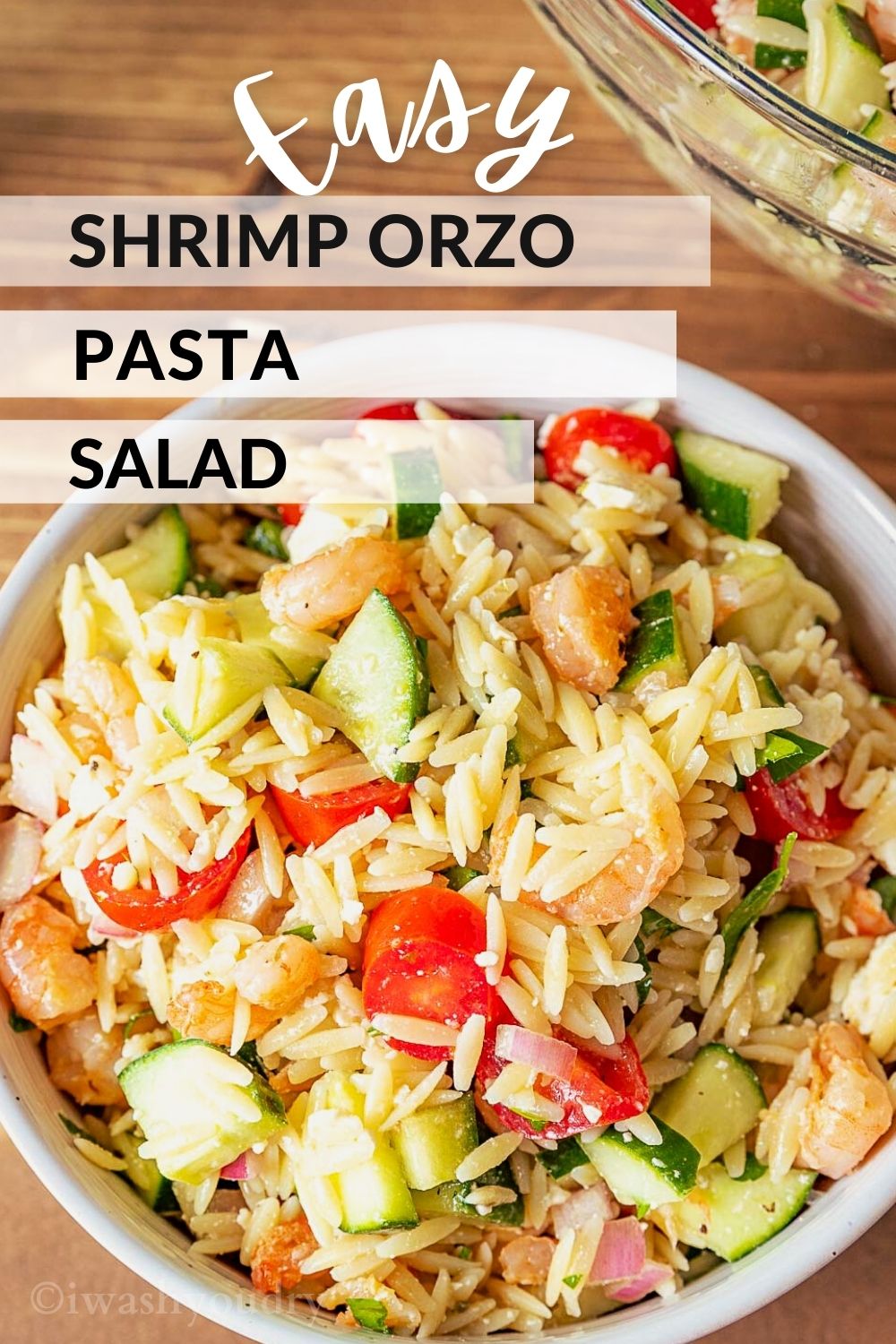 White bowl of shrimp orzo salad. 