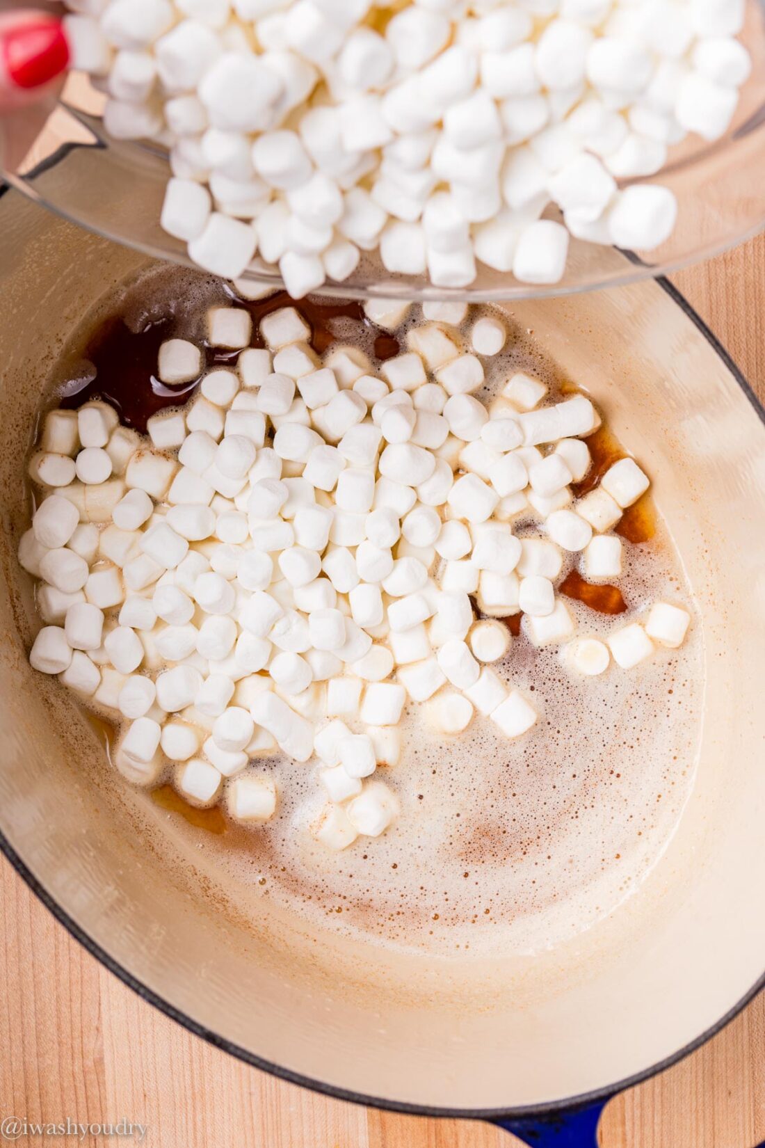 browned butter with marshmallows in pot.