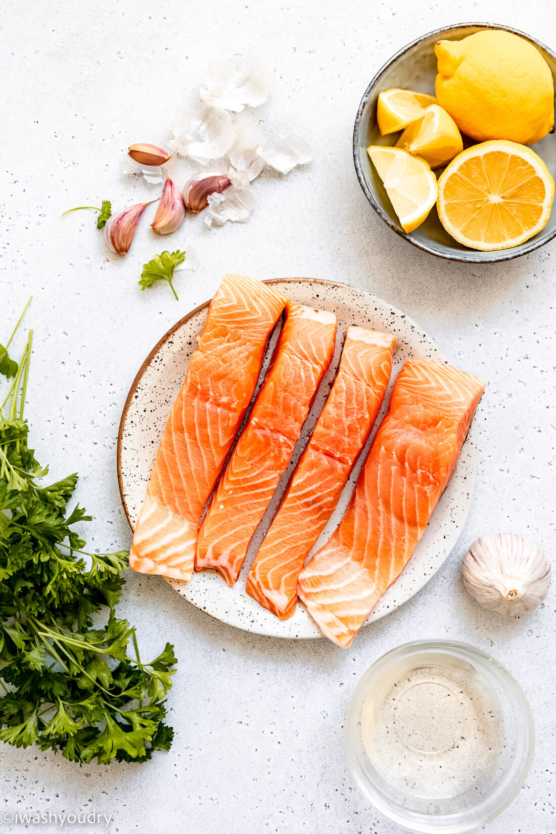 Ingredients for garlic pan seared salmon in bowls and on a white plate. 