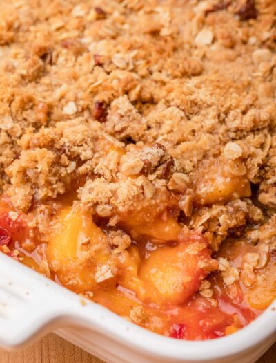 Easy Peach Crisp in white baking dish