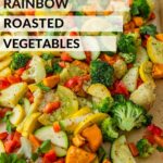 Roasted Rainbow Vegetables in a metal baking pan.