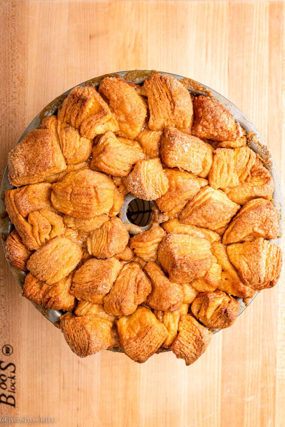 Baked pull apart monkey bread in metal pan. 