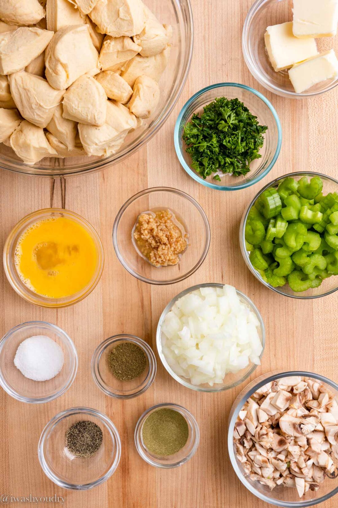 Ingredients for pull apart stuffing ring in glass bowls. 