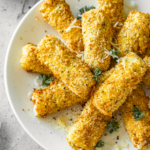 Plate of mozzarella sticks with parsley.