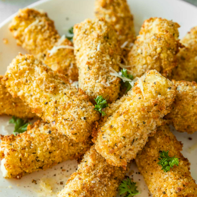 pile of mozzarella sticks on white plate with parmesan cheese.