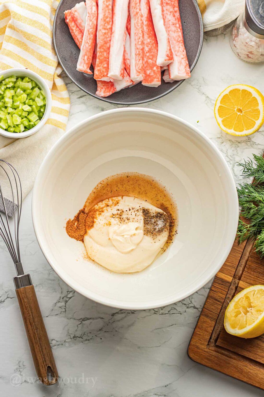 creamy dressing for krab in white bowl.