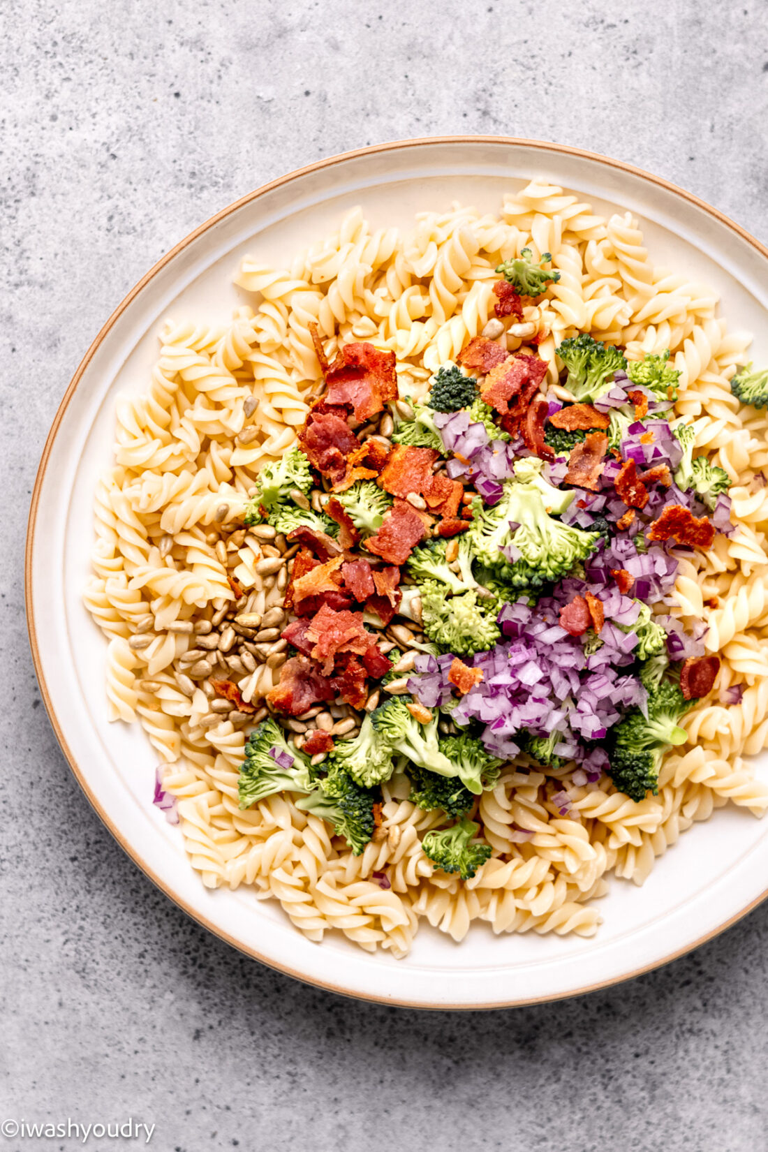 bowl of pasta salad with broccoli, bacon and sunflower seeds.