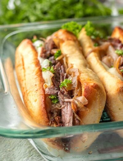 French Dip sandwich in glass pan.