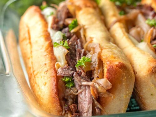 French Dip sandwich in glass pan.