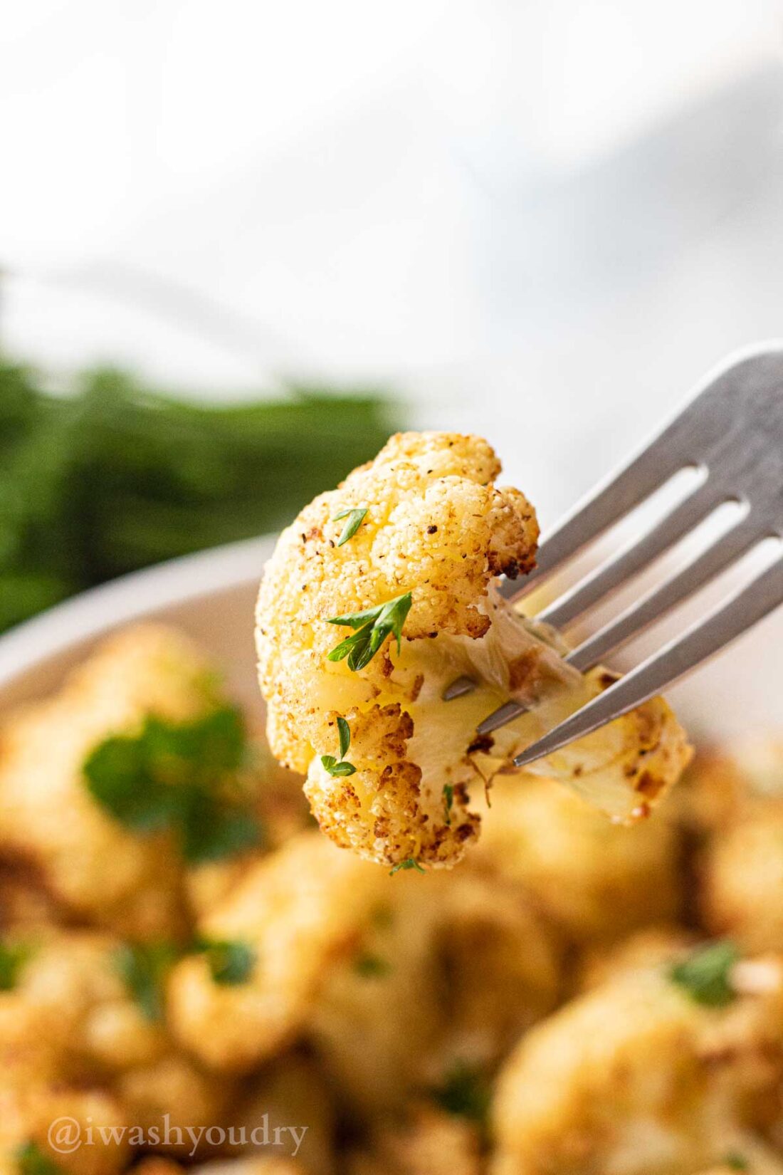 Cooked cauliflower floret on fork. 